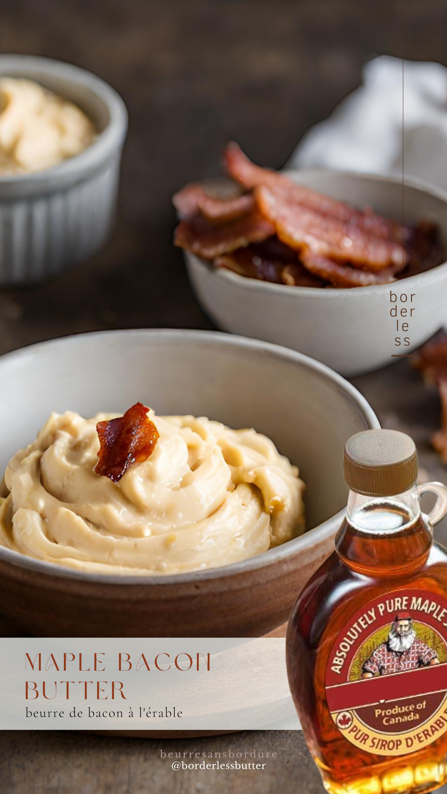 Pure maple bacon Butter from Borderlessbutter. Fragrant, umami, spicy, decadent, smooth and indulgent. Best compound butter singapore. Sweet, dessert go-to